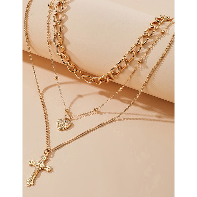 LRC Kalung Fashion Gold Color Alloy Cross Love Multilayer Necklace K92748