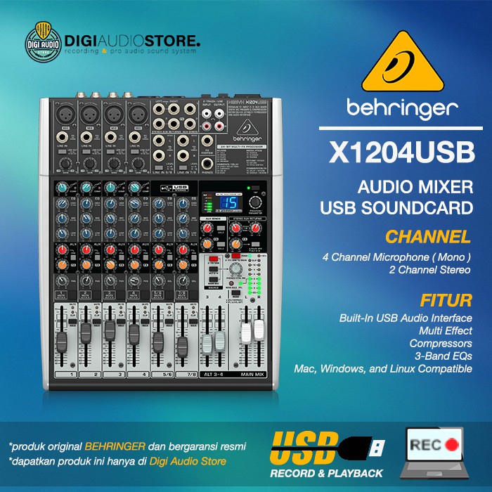 Audio Mixer 6 Channel 4 Microphone - 2 Stereo Behringer X1204USB - USB Interface Soundcard Recording