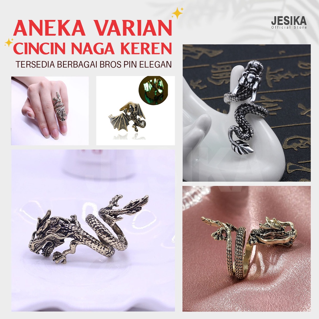 Cincin naga dragon keren pria wanita unisex bahan alloy premium detail bagus warna emas silver