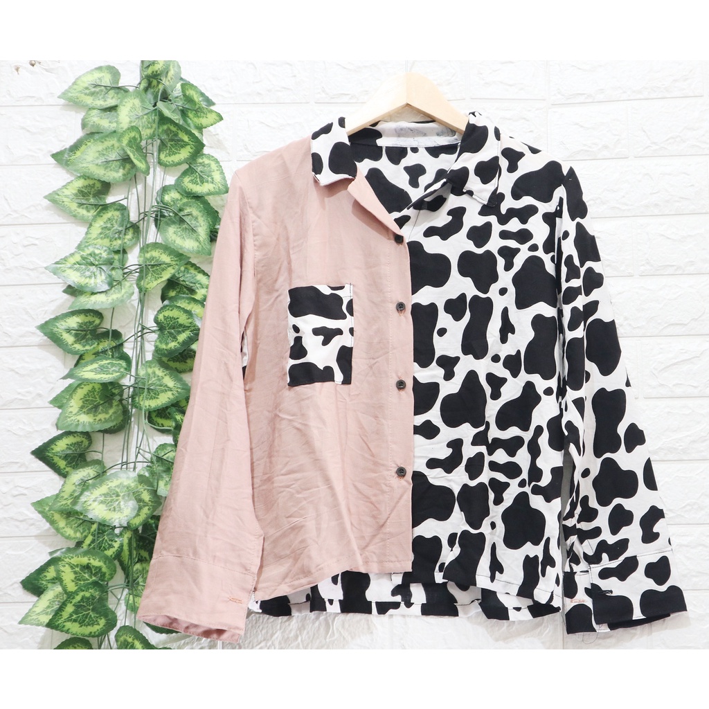 Baju Kemeja Wanita Two Tone Animal Kekinian / Kemeja dua warna / Top Wanita / Atasan Wanita-Sapi Mocca Panjang