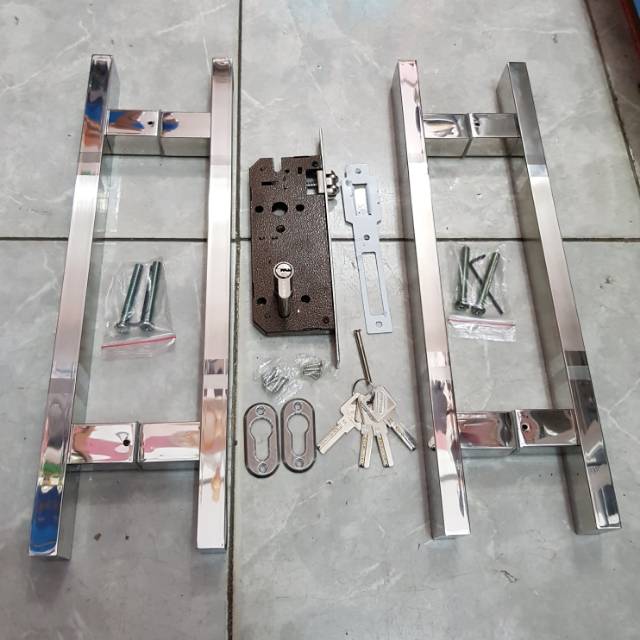 Handle pintu minimalis stainless baut tembus 45cm 2set+kunci