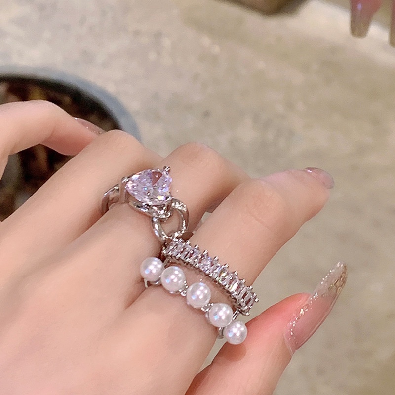 Cincin Berlian Zircon Mutiara Pink Model Terbuka Ganda