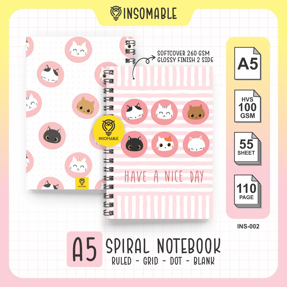 

Spiral Notebook A5, INS-002 Buku Catatan Kucing Lucu, Kawaii Cat Spiral Notebook - A5 isi 50 lembar HVS 100gsm [INSOMABLE]