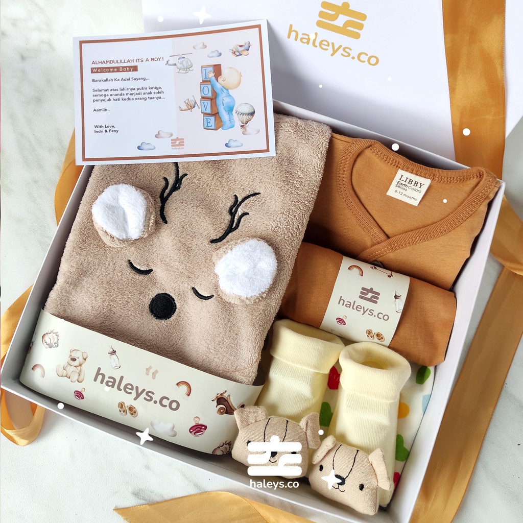 Haleys.co | Ginger Brown Boys Baby Hampers 0-12 months/ Hampers bayi newborn/ Kado bayi/ Babyboy Gift / Kado Lahiran / Giftbox / Kado Bayi Perempuan / Girl Hampers baby / Kado bayi laki laki / Paket Kado Bayi