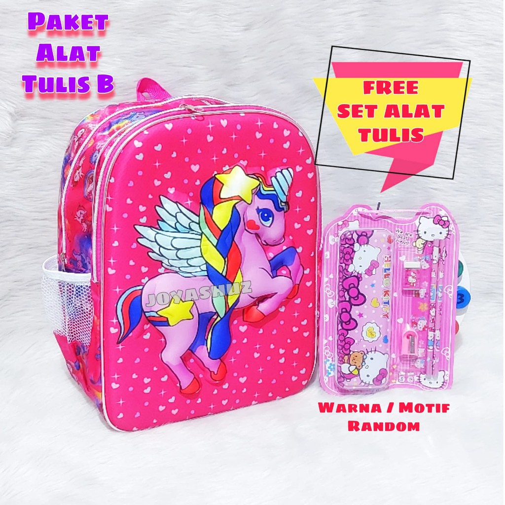 Tas Sekolah Anak Unicorn 3 Dimensi Gratis Set Alat Tulis / Ransel Unicorn / Tas Karakter Anak