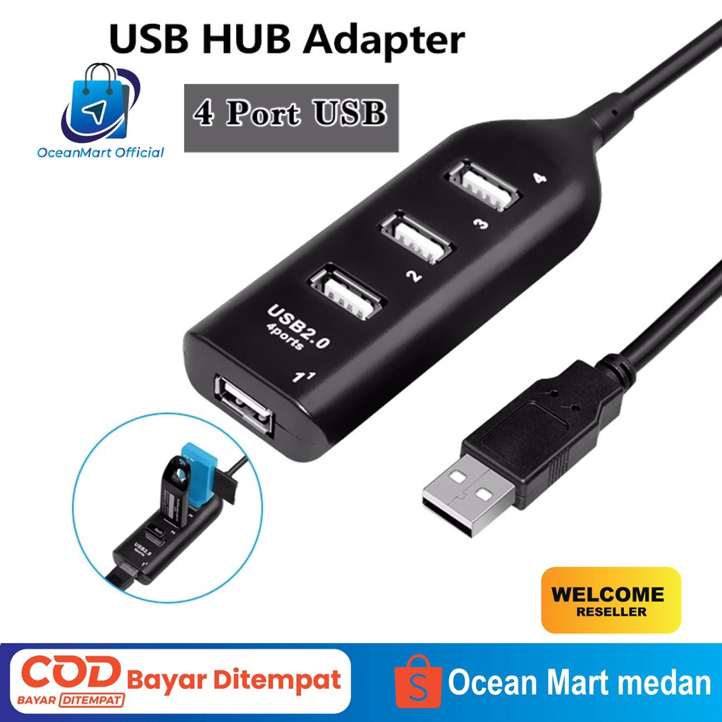 USB HUB PC 4 Port Colokan Charger Mouse Flashdisk Kabel 2.0 40cm Black Aksesoris Handphone HP OCEANMART OCEAN MART Murah Grosir