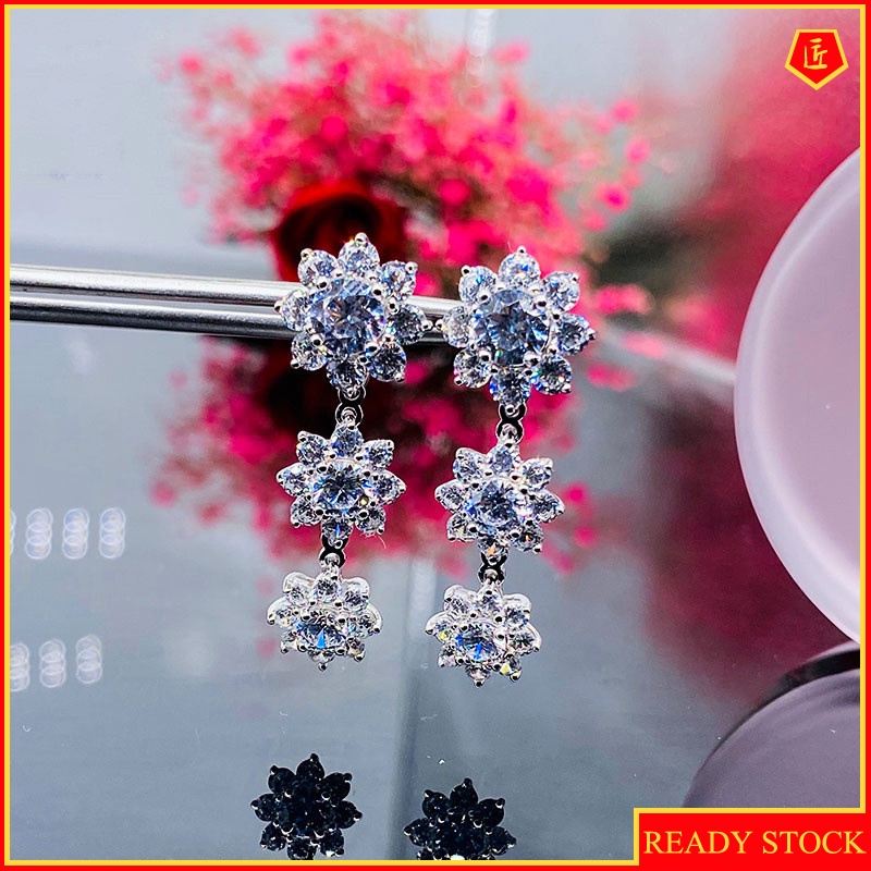 [Ready Stock]Elegant Long Three-Flower Moissanite Stud Earrings