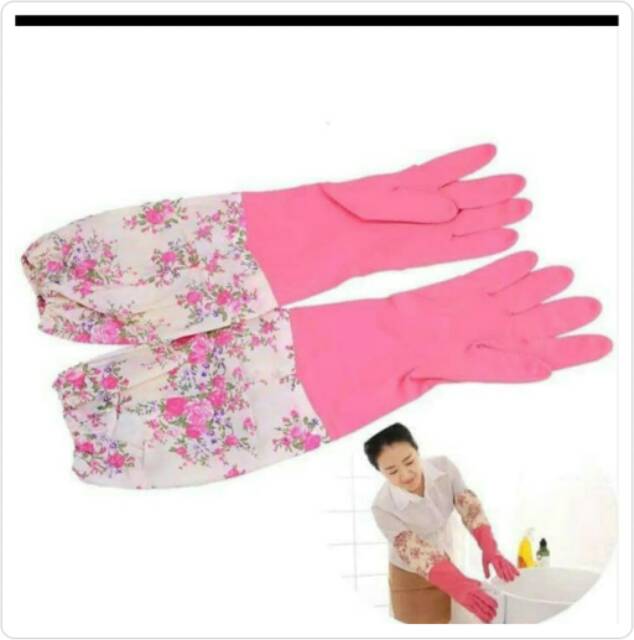 SARUNG TANGAN CUCI PIRING PANJANG BAHAN KARET MOTIF BUNGA