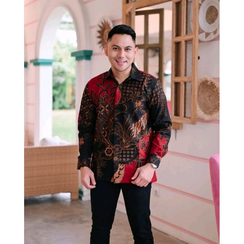 BATIK KASUAL WARNA MERAH KEMEJA BATIK FORMAL / PESTA TERBRU BATIK LENGAN PANJANG WARNA MERAH