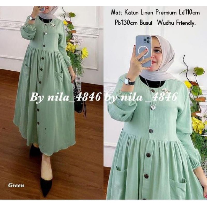 NEW!! REALPICT MAXI DRESS KATUN LINEN/MAXI DRESS ORI BY NILA/MAXI DRESS TERBARU/DRESS GREEN SAGE