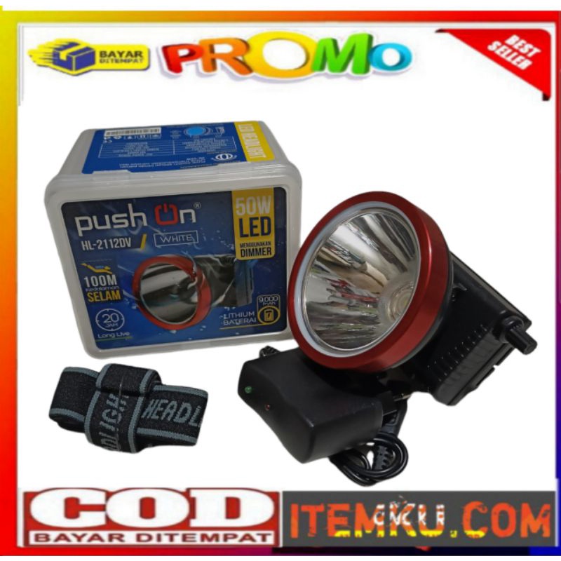 ✅PUSH ON HL-2112DV Senter kepala selam diving led putih 50watt 1000 meter cas rechargeable // senter