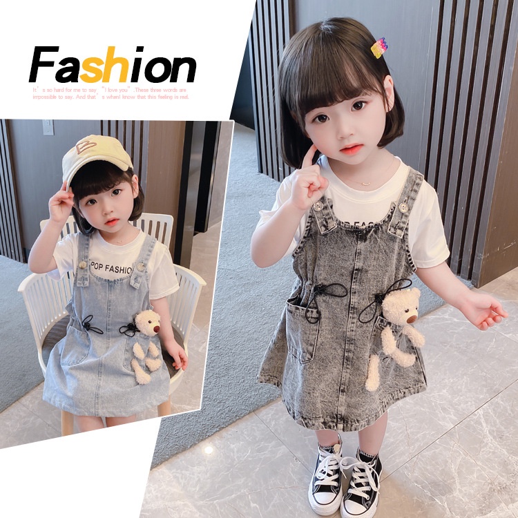 CG DR63 - FREE BONEKA Dress Overall 2in1 Set Kaos + Overall Jeans