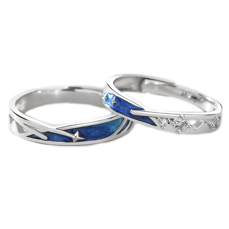 SIY  2Pcs Dainty Sea Blue Meteoric Star Lover Couple Rings Matching Set Promise Wedding Moon Star Ring Bands for Him and Her