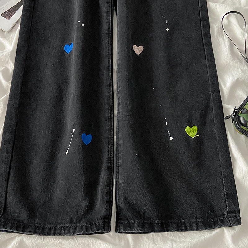 Celana Panjang Kulot Jeans /Highwaist Wanita Jeans/ Bordir Love Jeans/Kasual Jeans Wanita