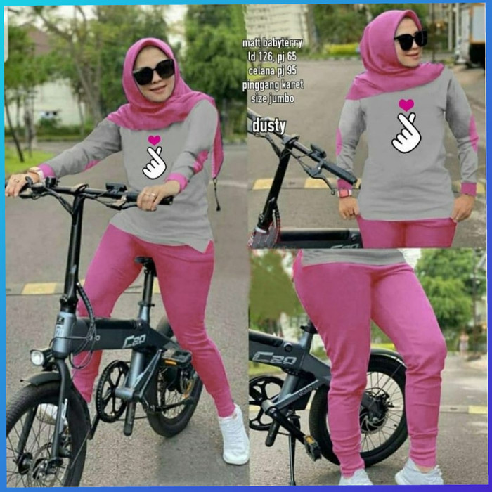 baju olahraga hijab set senam jumbo wanita click lari sepeda dusty