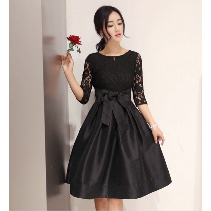 Dress Midi Korea O-Neck Lengan 3 / 4 Aksen Renda Warna Polos untuk Wanita