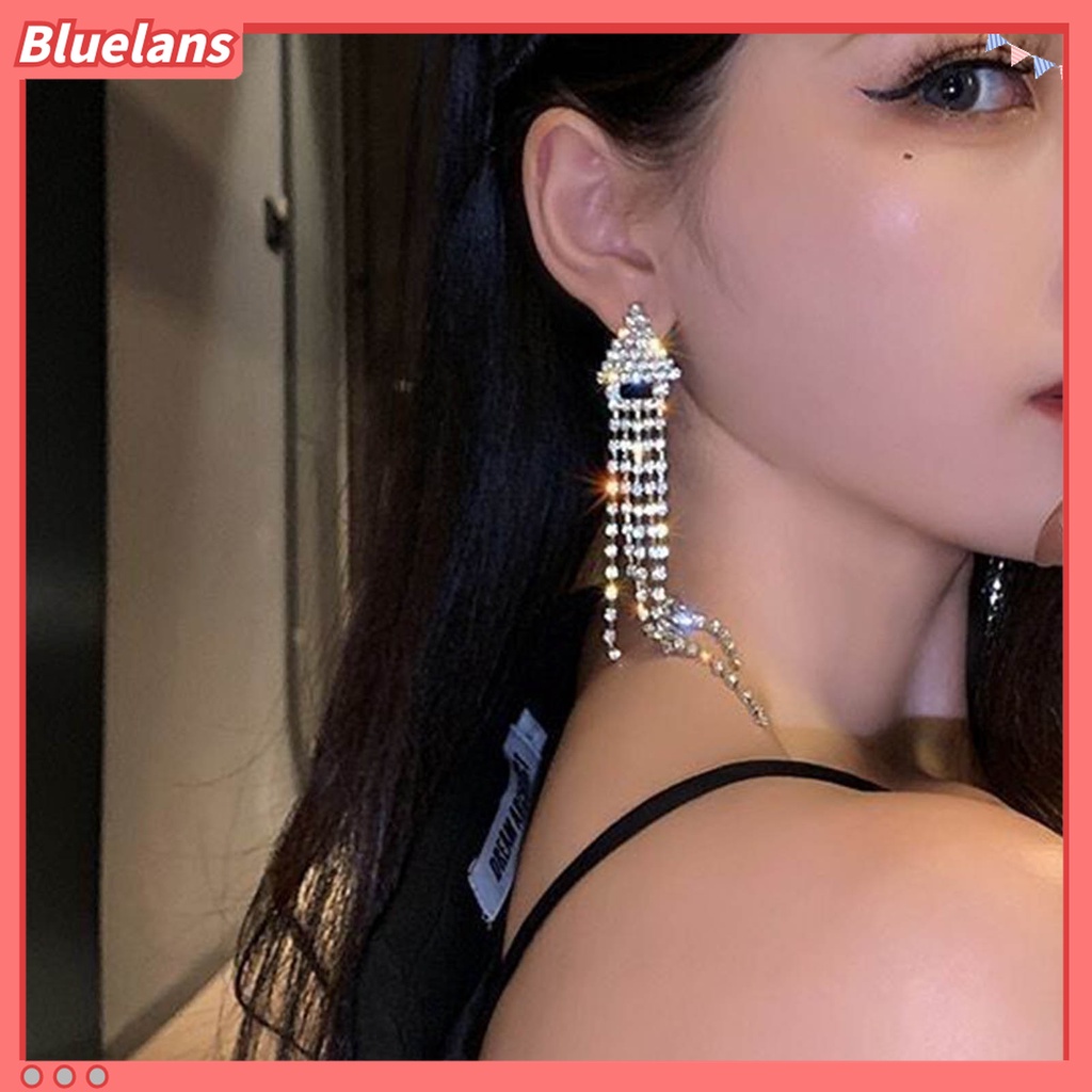 1 Pasang Anting Rumbai Multilayer Aksen Berlian Imitasi Untuk Perhiasan