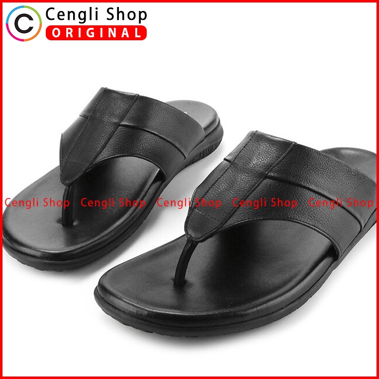 SANDAL KULIT OBERMAIN PRIA ORIGINAL JEPIT CASUAL BRANDED HITAM OM60