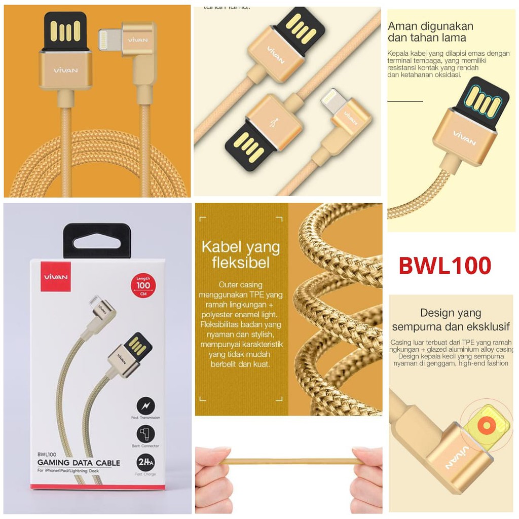 Vivan BWL100 Lightning 2.4A 1M 90 derajat Gaming Data Cable Fast Charging For iOS