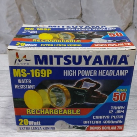 Senter Kepala/Headlamp Rechargeable Mitsuyama MS-169P 20W+Bohlam 7W Cahaya Terang