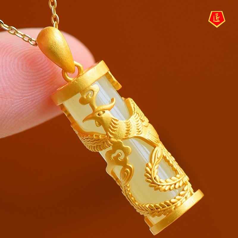 [Ready Stock]Hetian Jade Dragon and Phoenix Column Pendant Men's and Women's Zodiac Jade Necklace