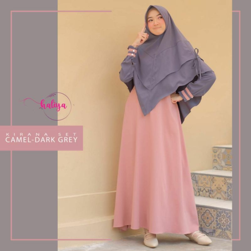 kirana camel dark grey set gamis by haliya hijab