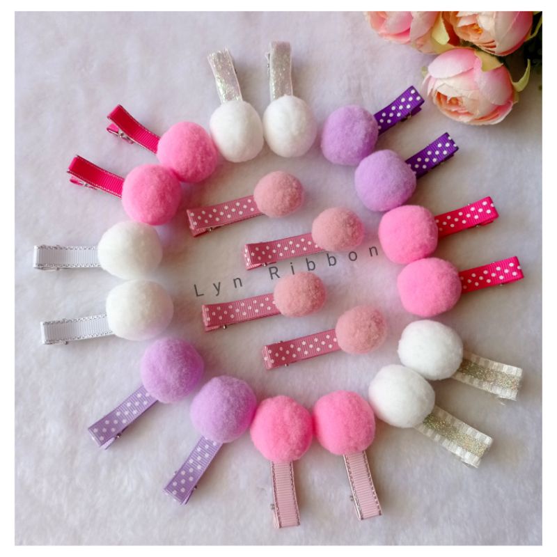 Jepitan rambut pompom,aksesoris rambut anak cewek, pita rambut anak, pita handmade