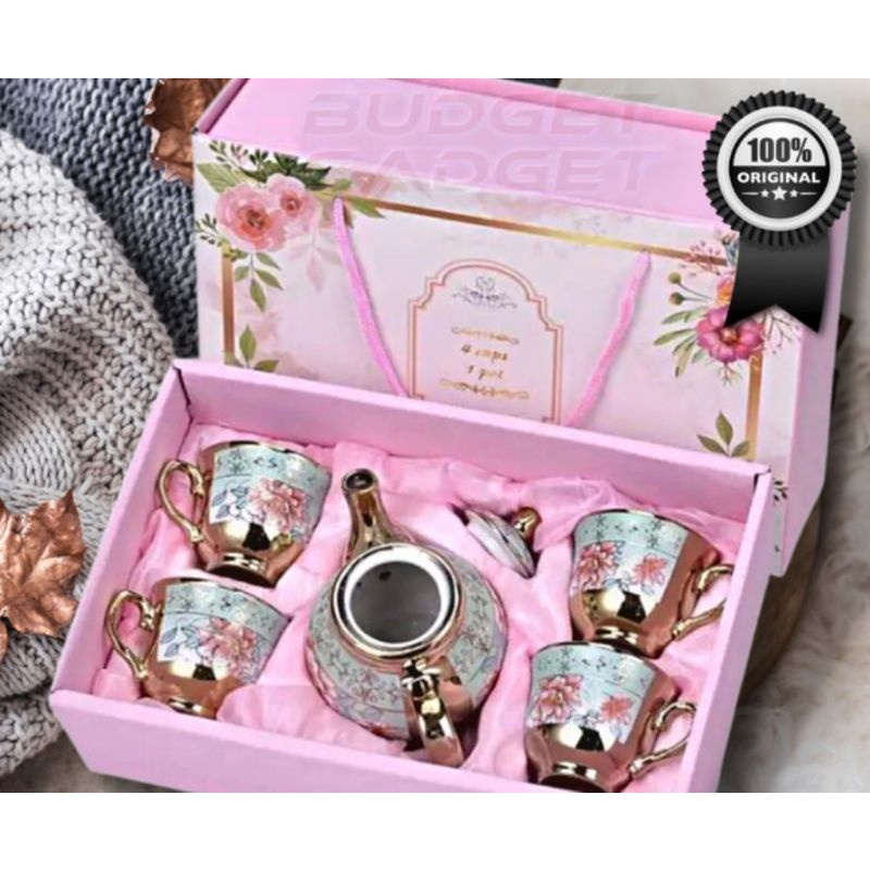 Set cangkir teko keramik rose gold