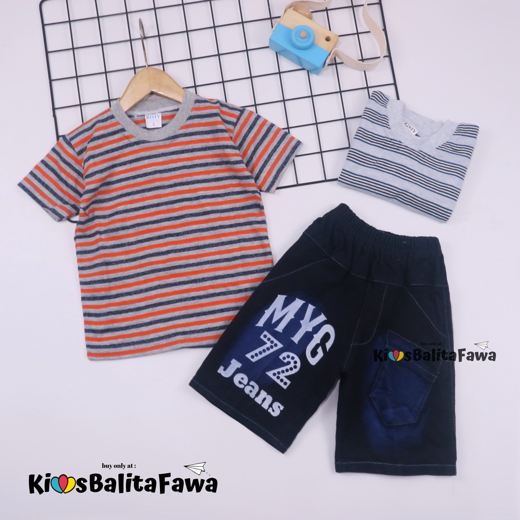 Setelan Salur Jeans uk 3-5 Tahun / Kaos Celana Jeans Anak Cowok Pendek Baju Anak Laki Murah Pakaian