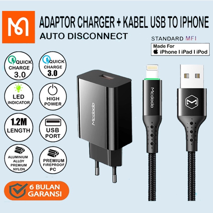 Mcdodo Charger iPhone 7 8 X XS XR + USB Cable Auto Disconnect Fast 3A