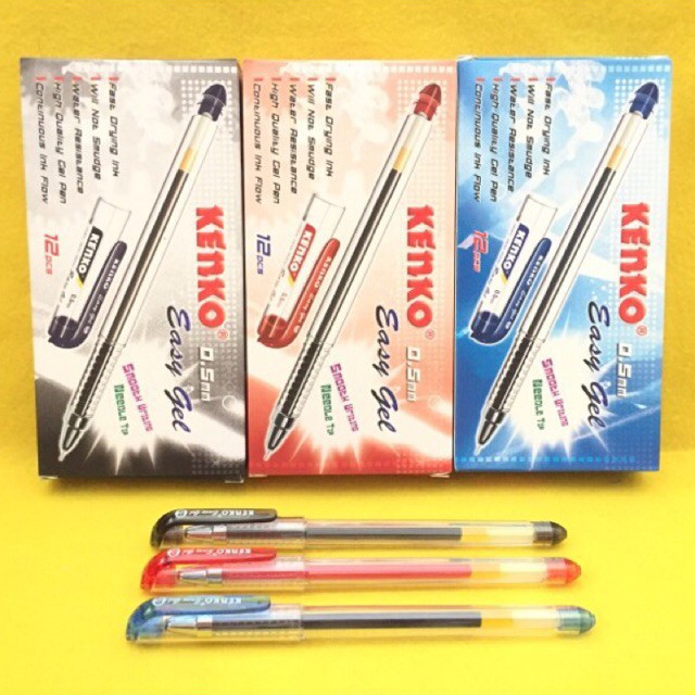 Pulpen Pena Pen Cair Kenko Easy Gel 0,5mm hitam/merah/biru 1 box isi 12 pcs (1 Lusin)