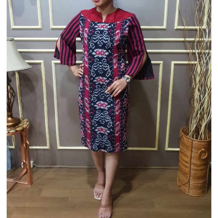 dress etnik span belah lengan leher brokat