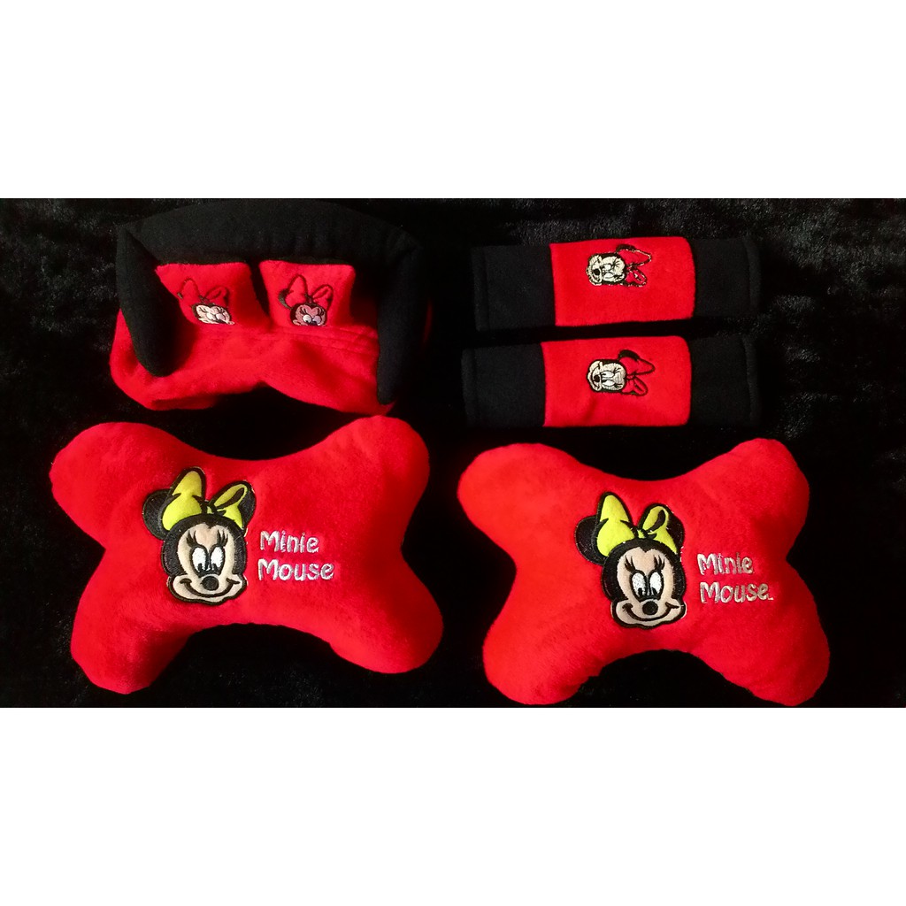 Bantal Mobil Kartun MINNIE MOUSE Merah 3in1 Sandaran Kepala Headrest Cartoon Mini Mouse Red