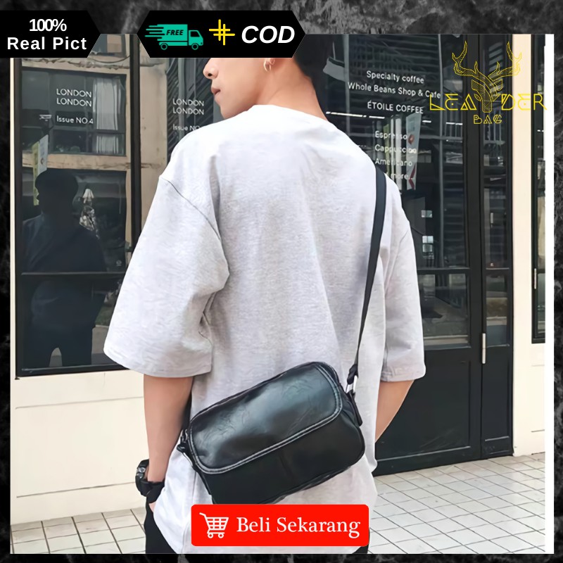 Tas Selempang Kulit Cowok Distro Model Terbaru Warna Hitam Atau Tas Kulit Pria Import Waterproof