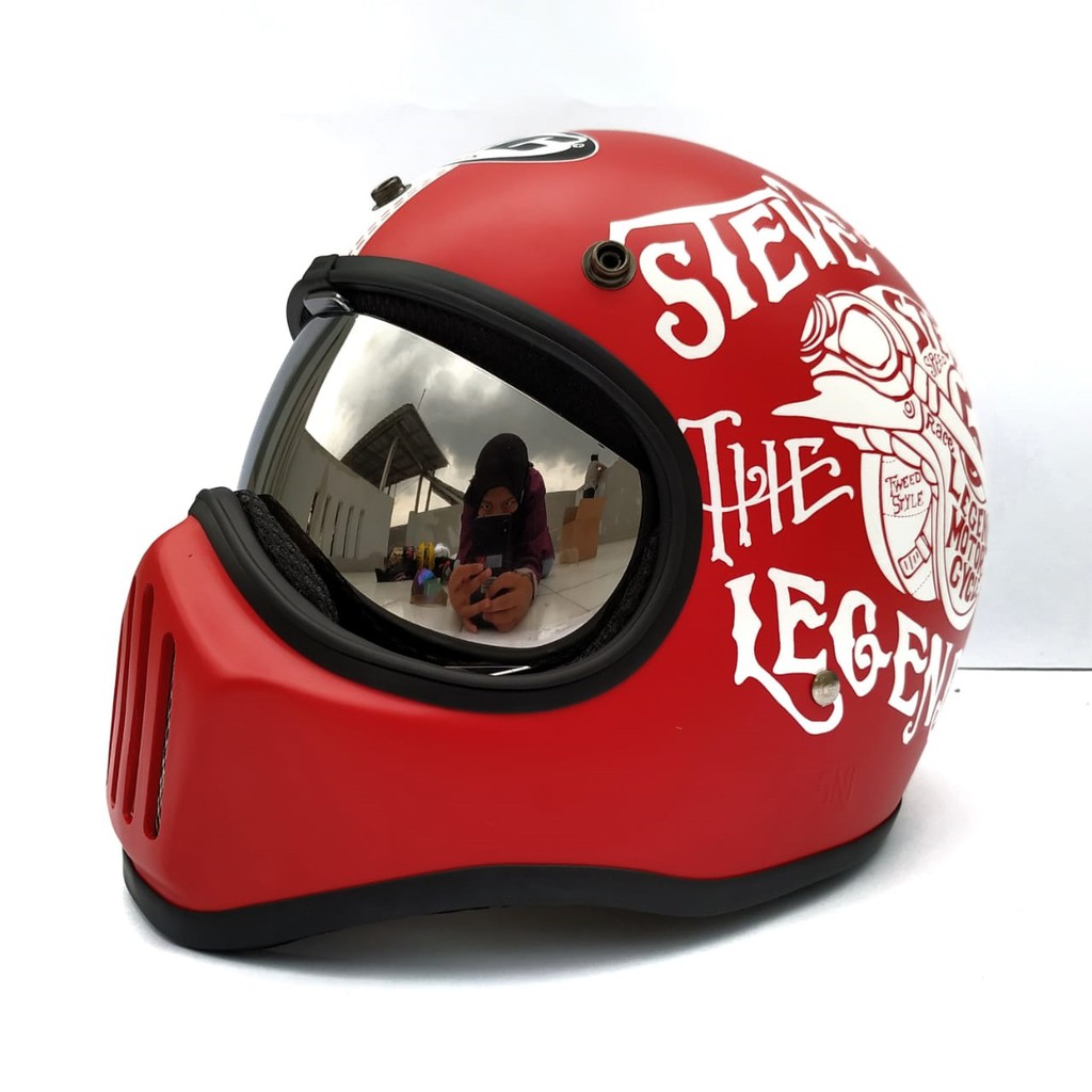 Helm Cakil HBC Steve Red Font White + Inner Visor ( Fullface / Retro / Klasik / Vespa )