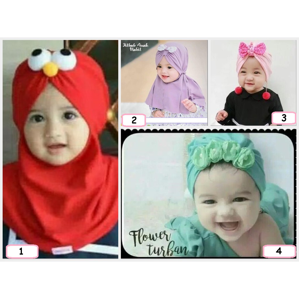 HIJAB JILBAB TURBAN KERUDUNG  BAYI ANAK LUCU IMPORT MERAH BIRU TOSCA PINK USIA 0-3 TAHUN