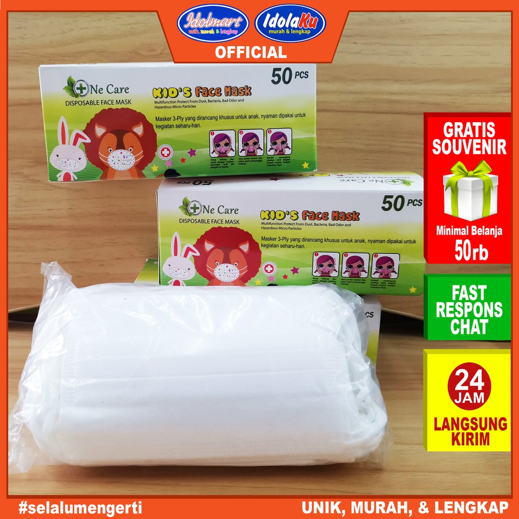 IDOLMART Masker Anak 3ply isi 50 Pcs Earloop 3-14 Tahun /Anti Bakteri Masker Surabaya