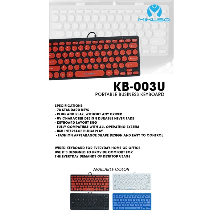 Keyboard Mini Mikuso KB-003U Keyboard PC USB Portable Keyboard Komputer