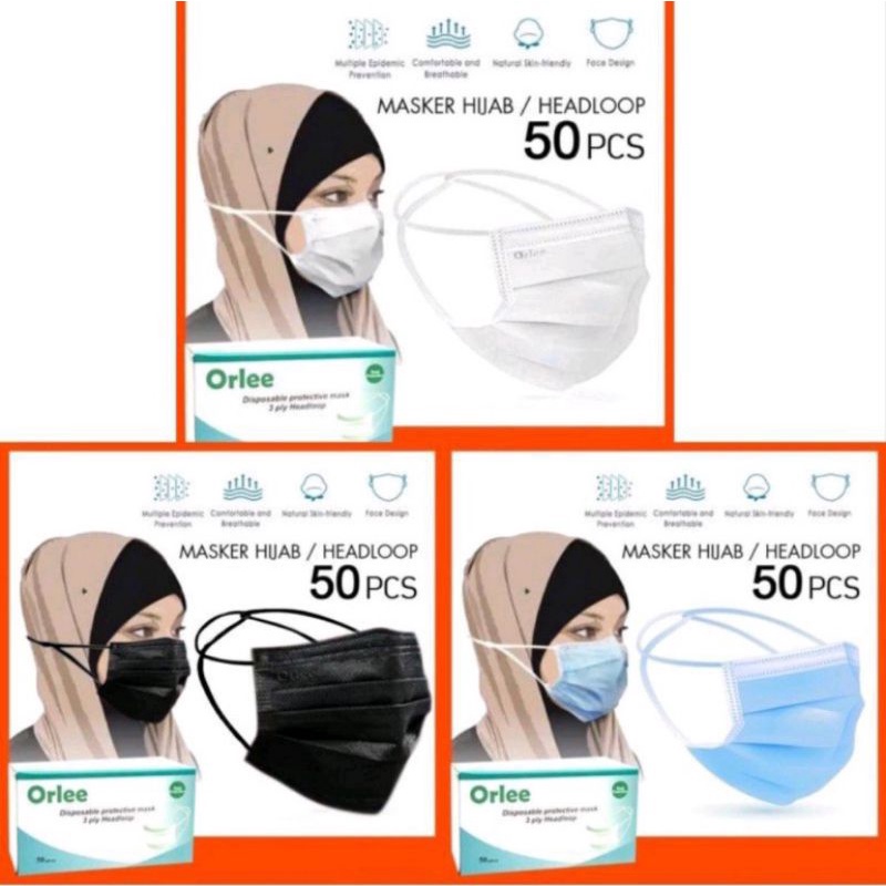 MASKER HIJAB HEADLOOP ORLEE 3PLY ISI 50PCS