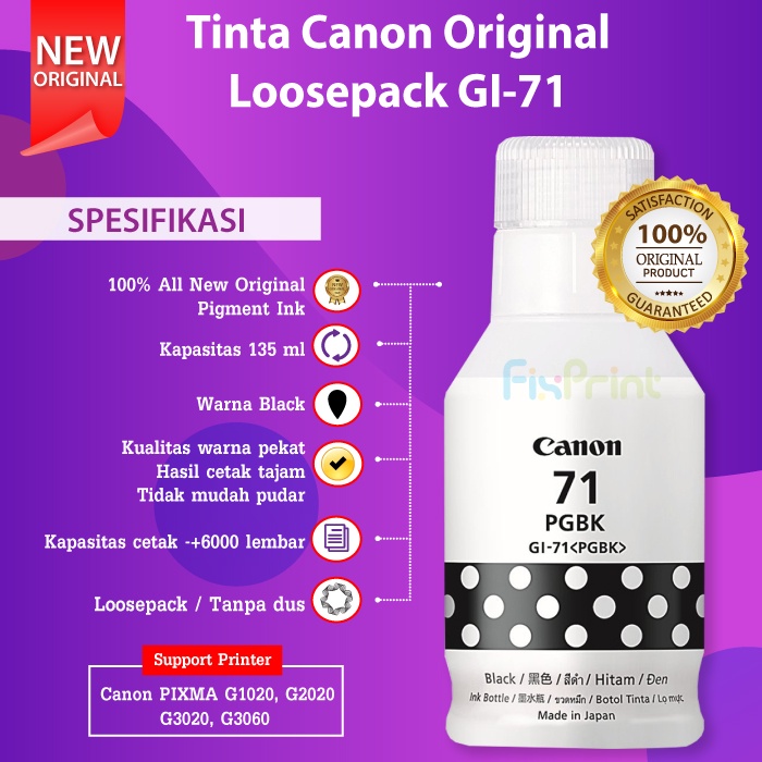 Tinta Loospack Refill Canon GI-71 GI71 GI 71 Printer PIXMA G1020 G2020 G3020 No Box Original Canon