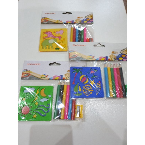 

Stensil Belajar Menggambar dengan Pensil Warna dan Rautan/ Penggaris bergambar Binatang,Pantai,Cuaca