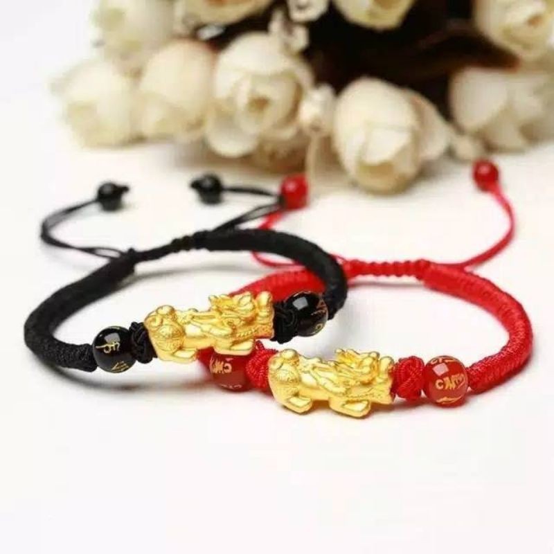 gelang tali merah cina emas hongkong asli naga pixiu 24 karat
