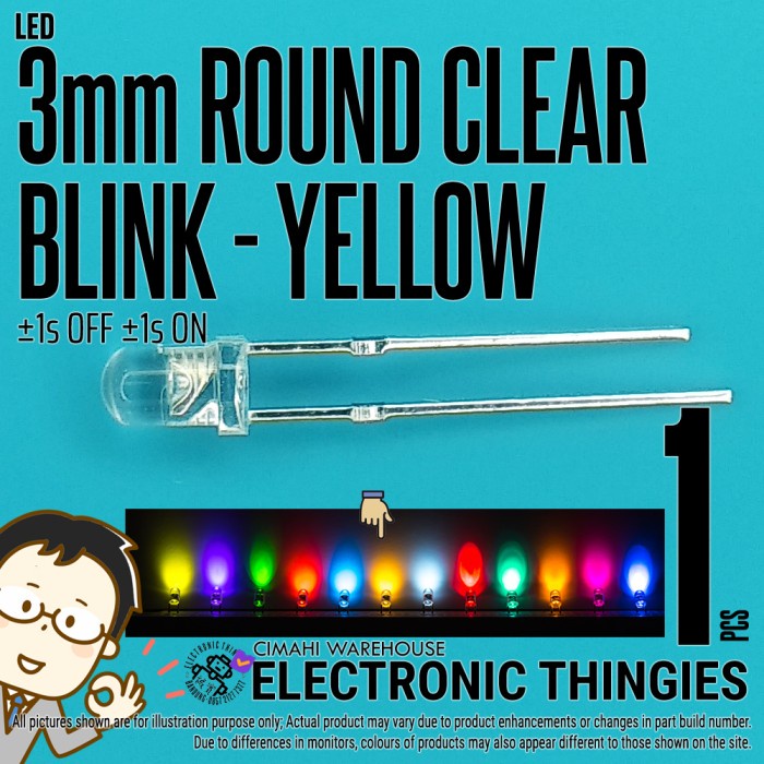 LED 3MM CLEAR KEDIP KUNING YELLOW LAMPU BULAT BLINK 3 MM