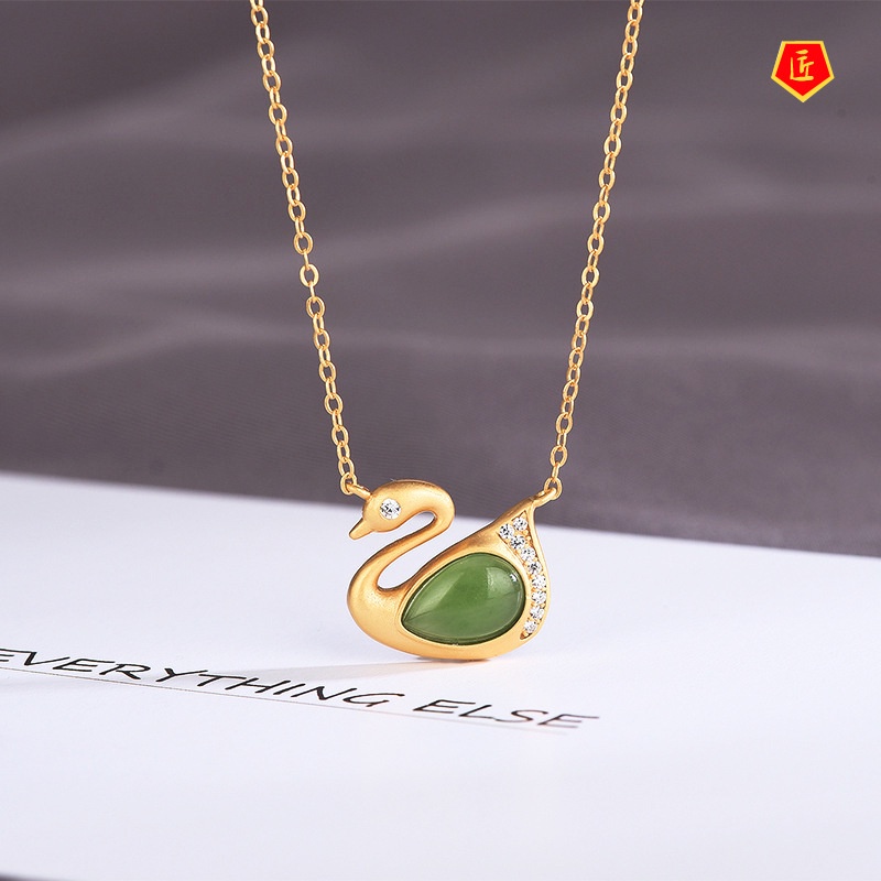 [Ready Stock]Swan-Shaped Hetian Jade Golden Pendant Necklace for Women Elegant All-Match