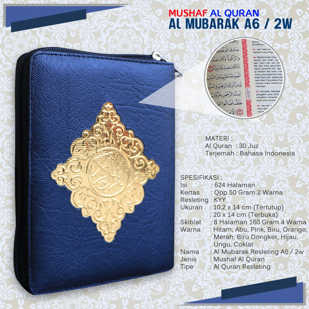 Grosir Al Quran Saku Al Mubarak Resleting A6 Warna Biru