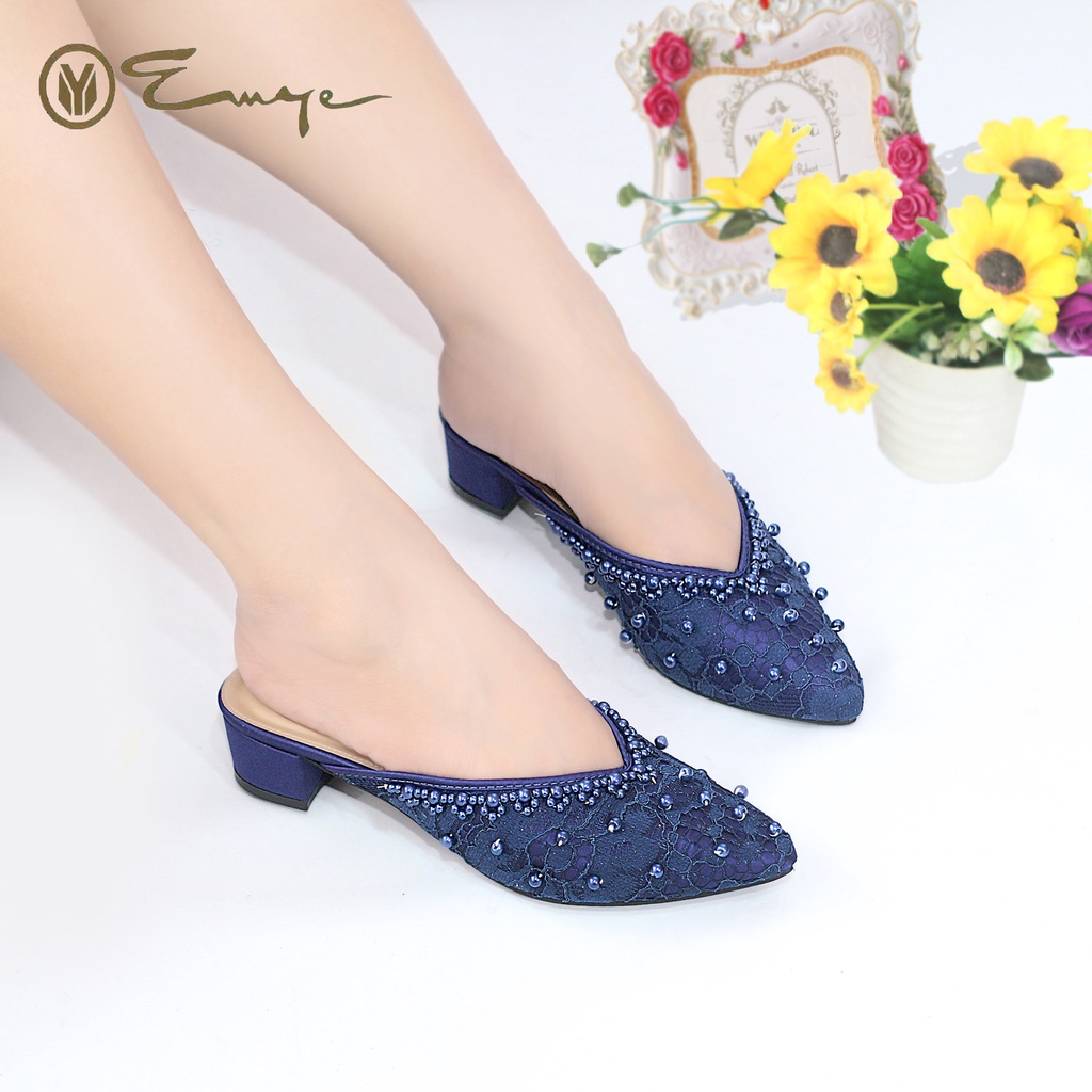 EMYE - Sandal Pesta Wanita Brukat Payet Hak Tahu 3cm I Sandal Wedding Brukat Wanita I Slop Wedding Shoes Brokat Payet Wanita