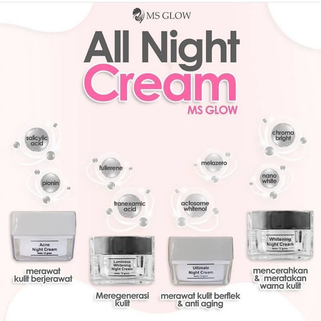 Ms Glow Night Cream BPOM Cream Malam Wajah Krim Pemutih Jerawat Flek