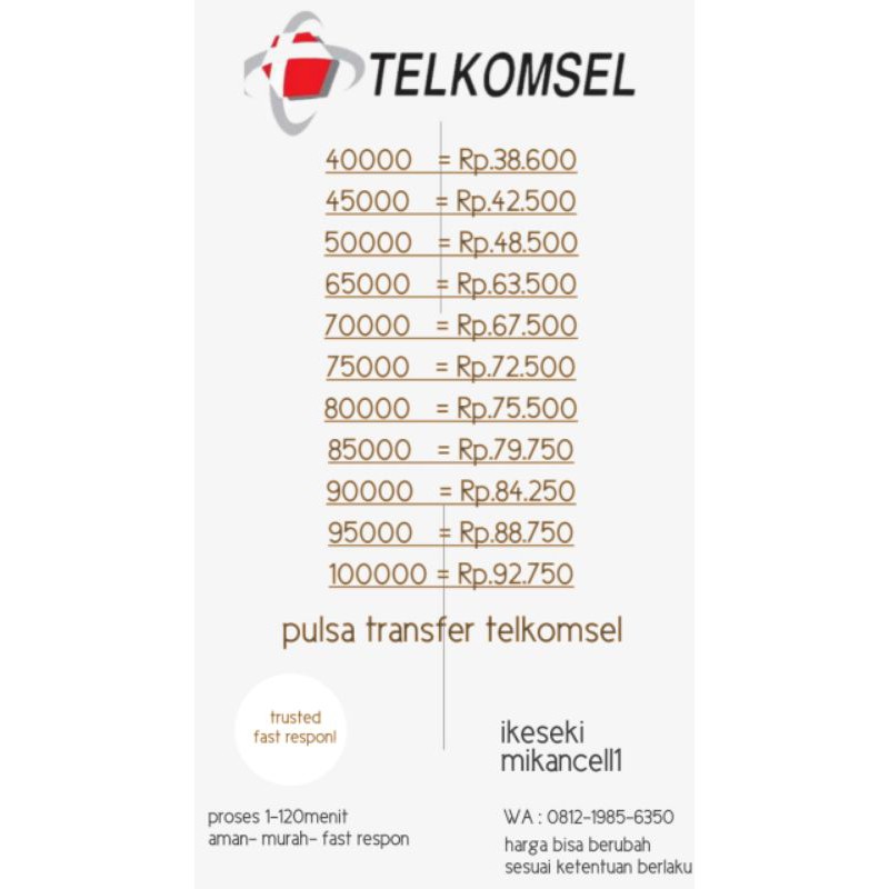PULSA TRANSFER TELKOMSEL NOMINAL (40.000-100.000 RB)