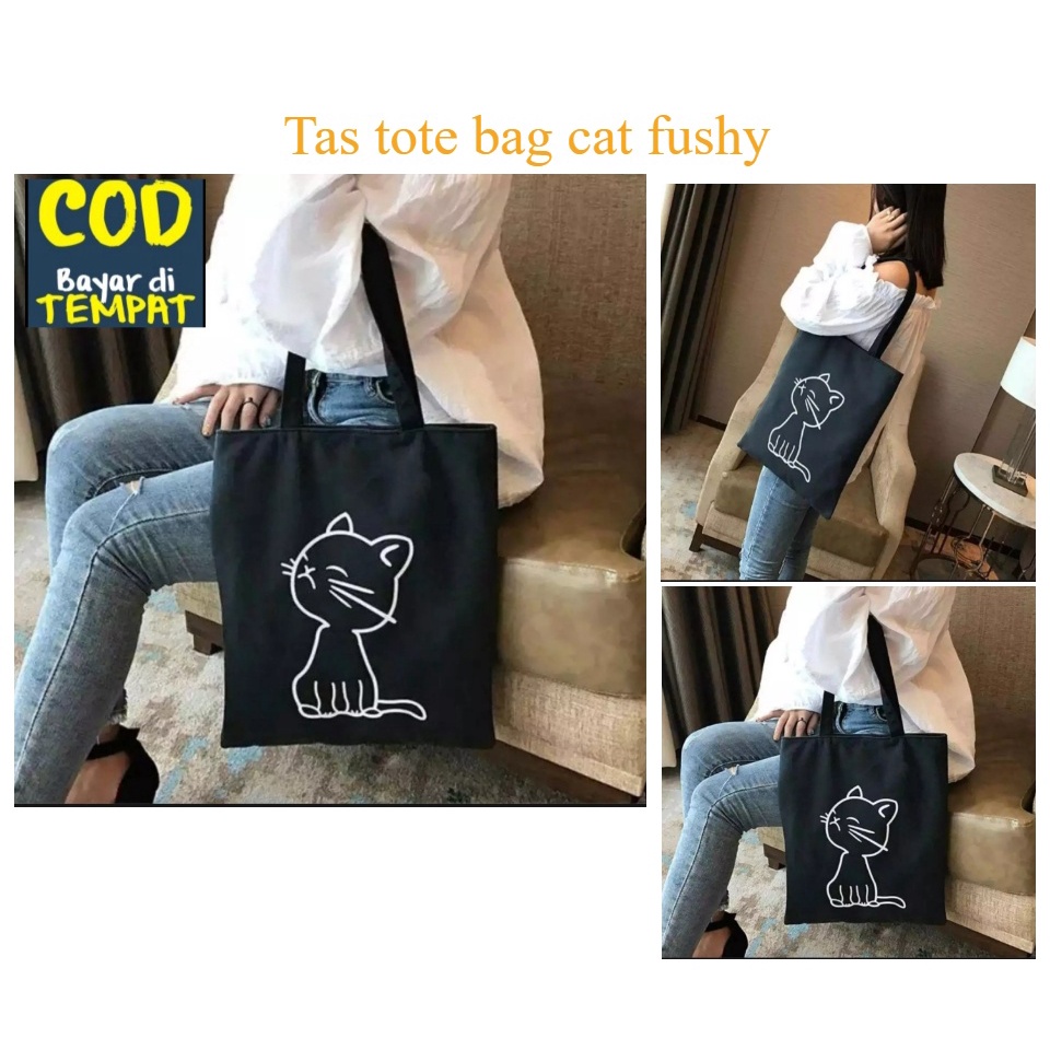 (PAKAI RESLETING)  Tote bag cat pushy varian warna[Toko UCI]