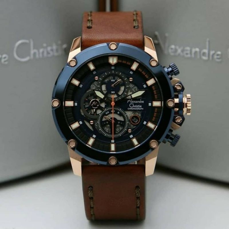 Jam Tangan Alexandre Christie AC6564 Pria / AC 6564 M Blue Rose Gold Original